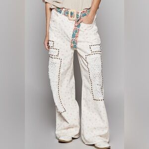 POL Cream Embellished Wide-Leg Pants